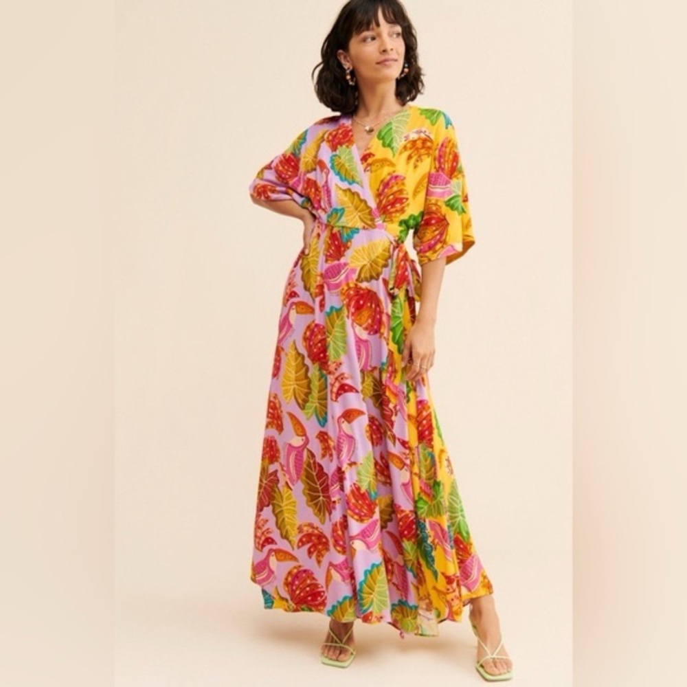Farm Rio Mixed Breaks & Bananas Maxi Wrap Dress NWOT Beaded Belt